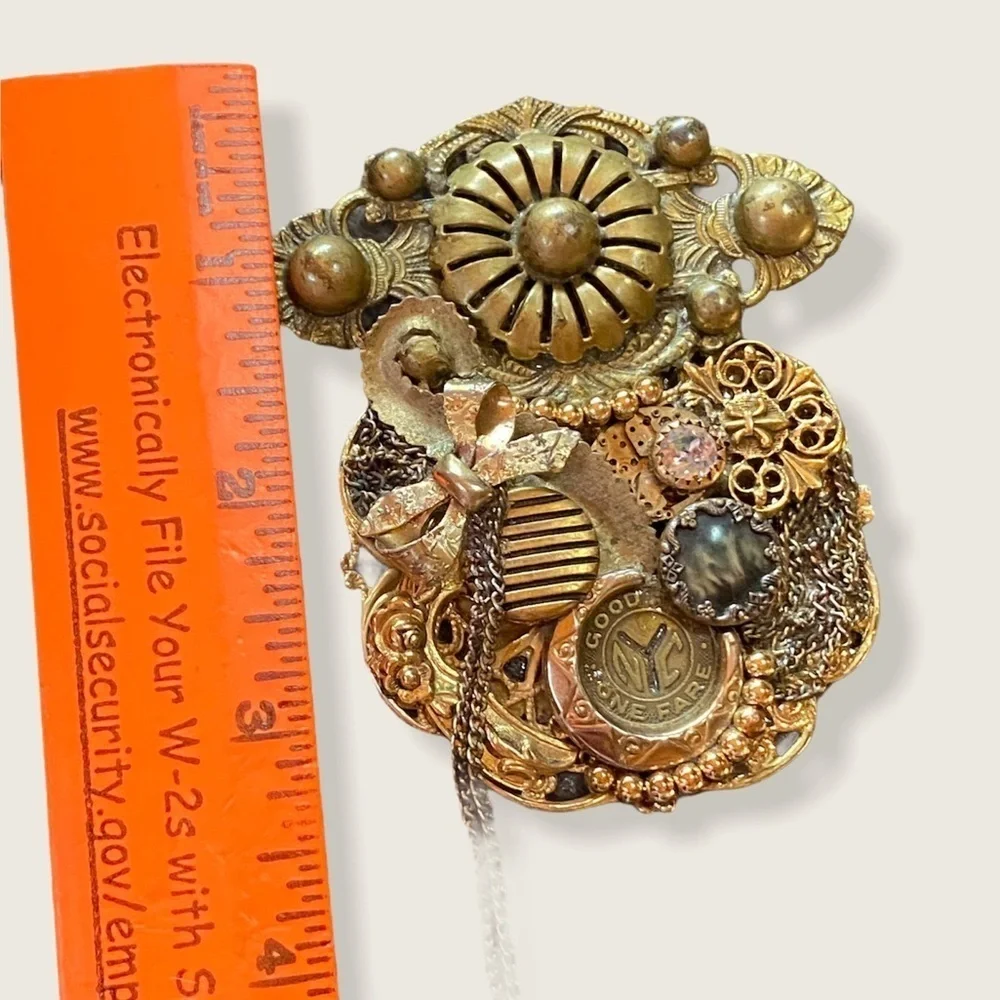 NYC SUBWAY TOKEN LARGE VTG Steampunk handcrafted remembrance BROOCH
